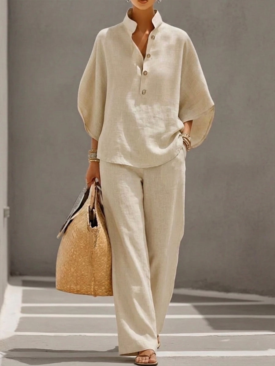 Mariel | Linen suit with batwing sleeves and wide legs