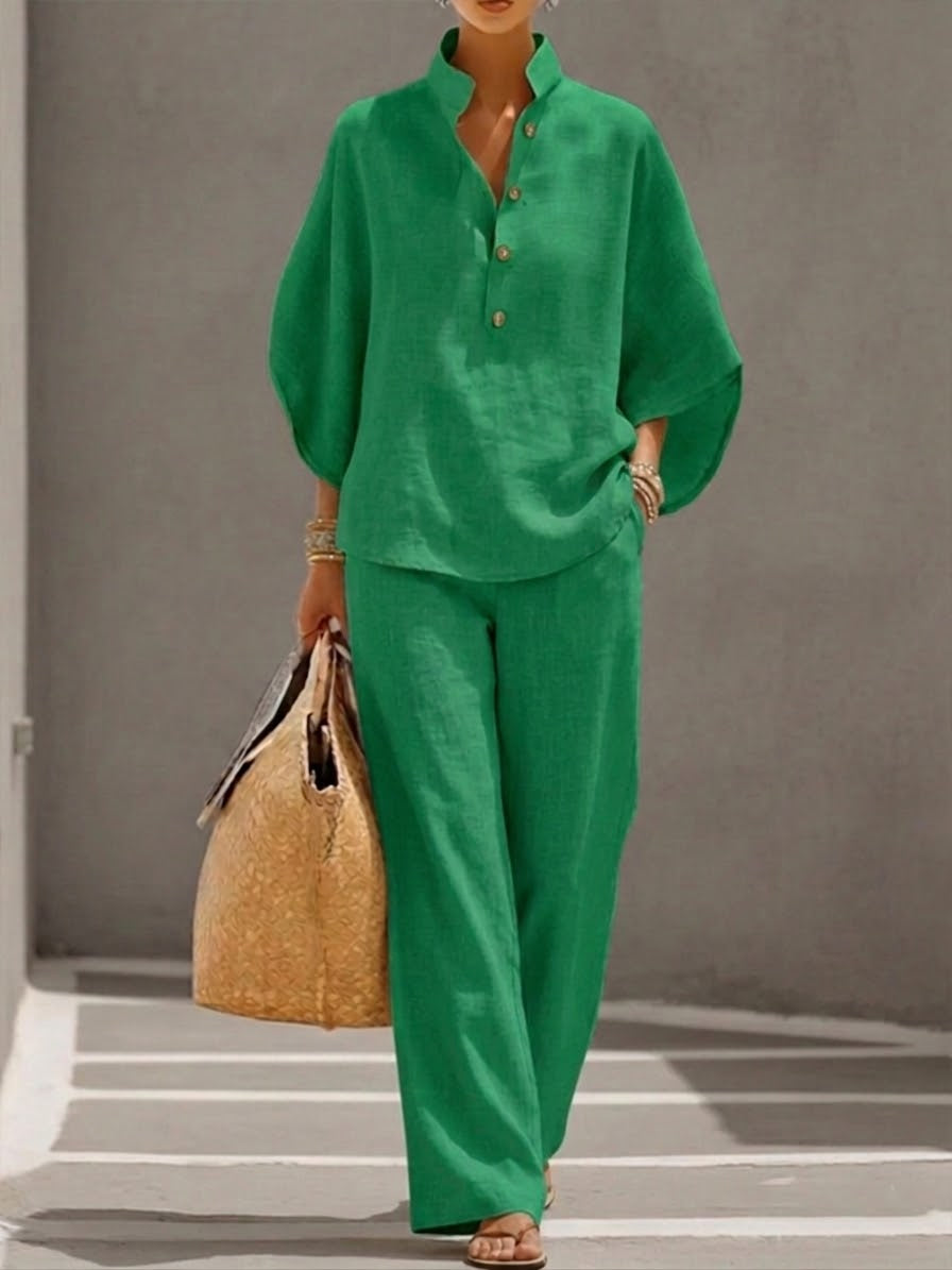 Mariel | Linen suit with batwing sleeves and wide legs