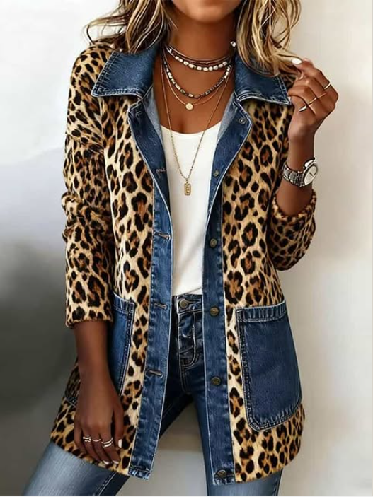 Lorena | Veste longue en denim à imprimé léopard