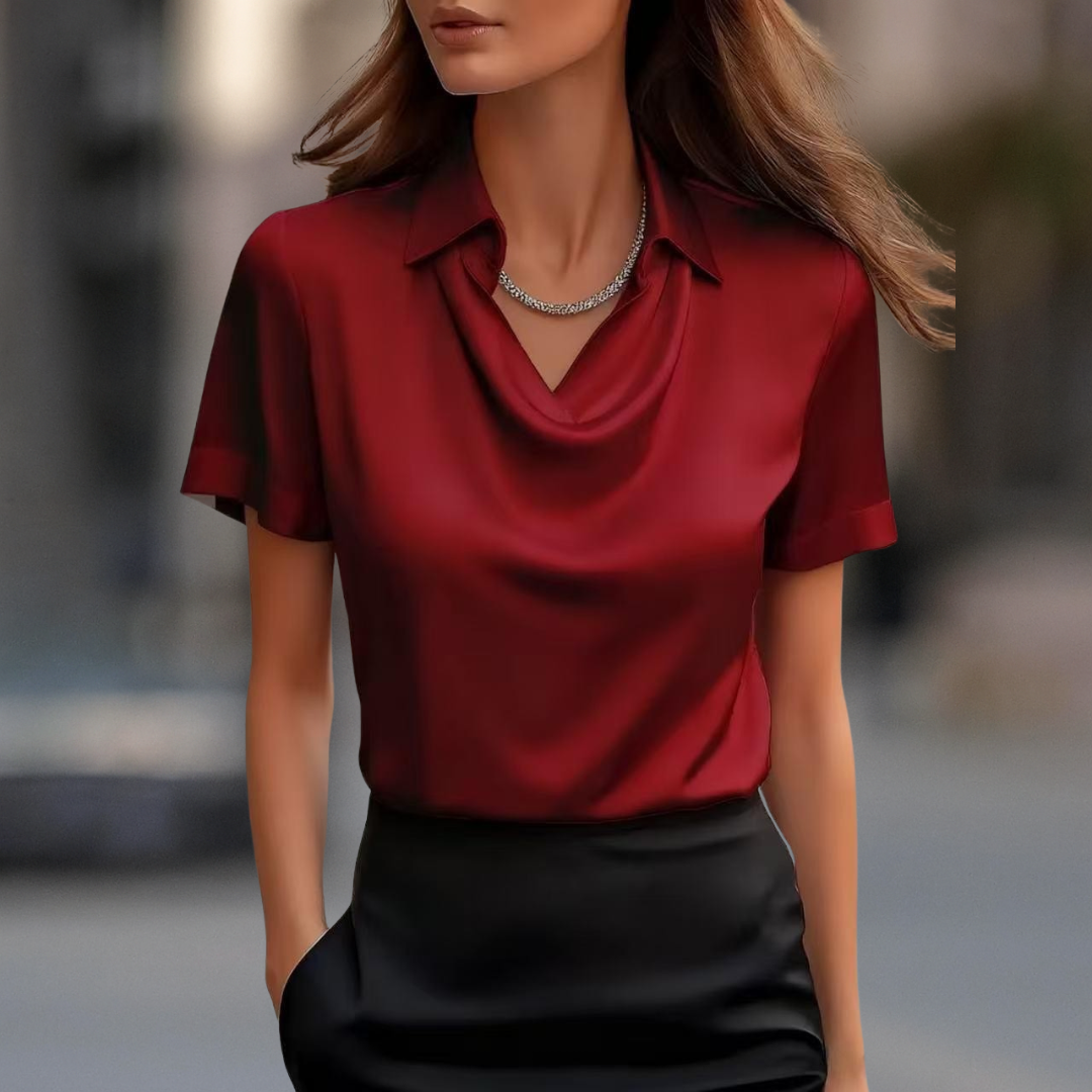 London Chic satin short sleeve blouse with draped collar