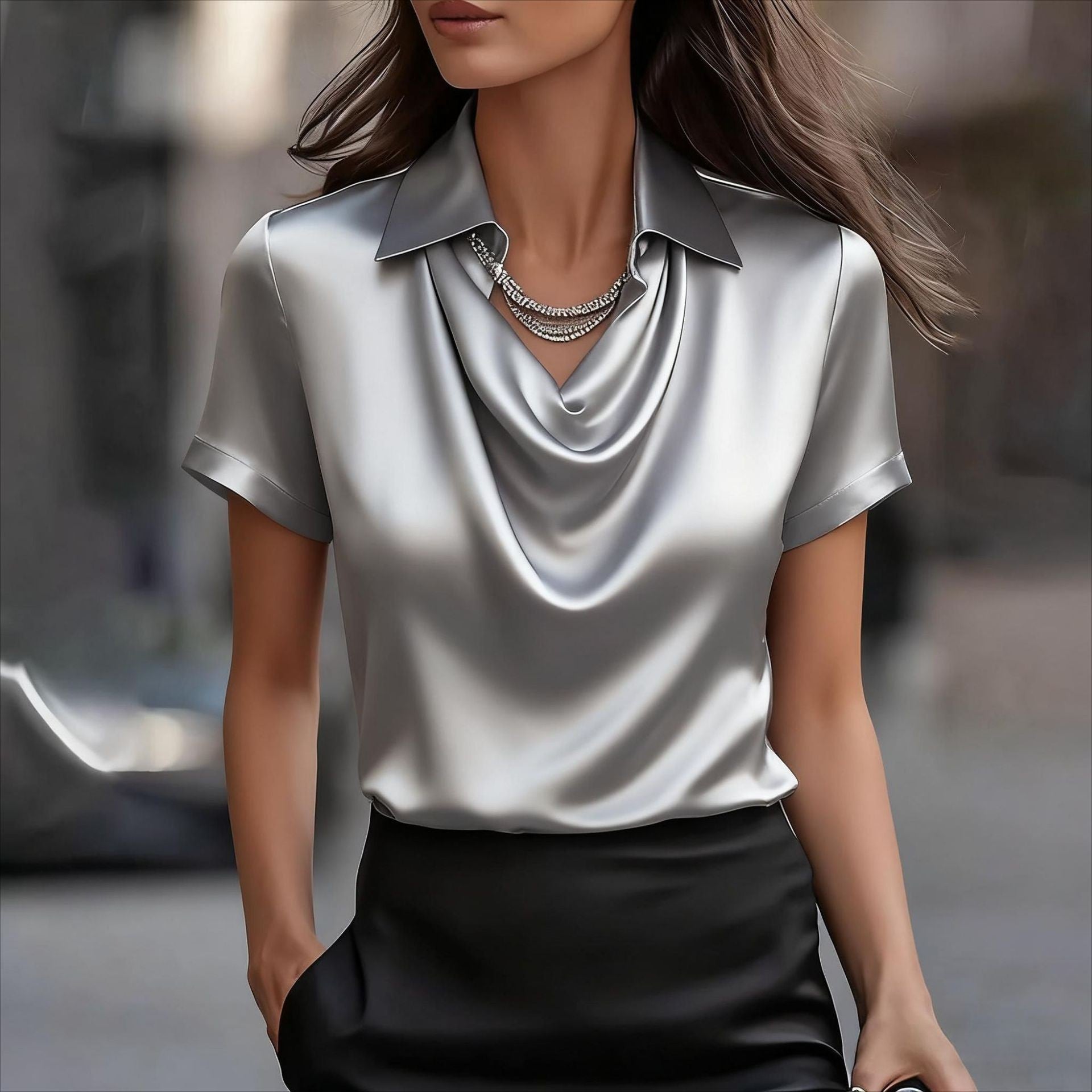 London Chic satin short sleeve blouse with draped collar
