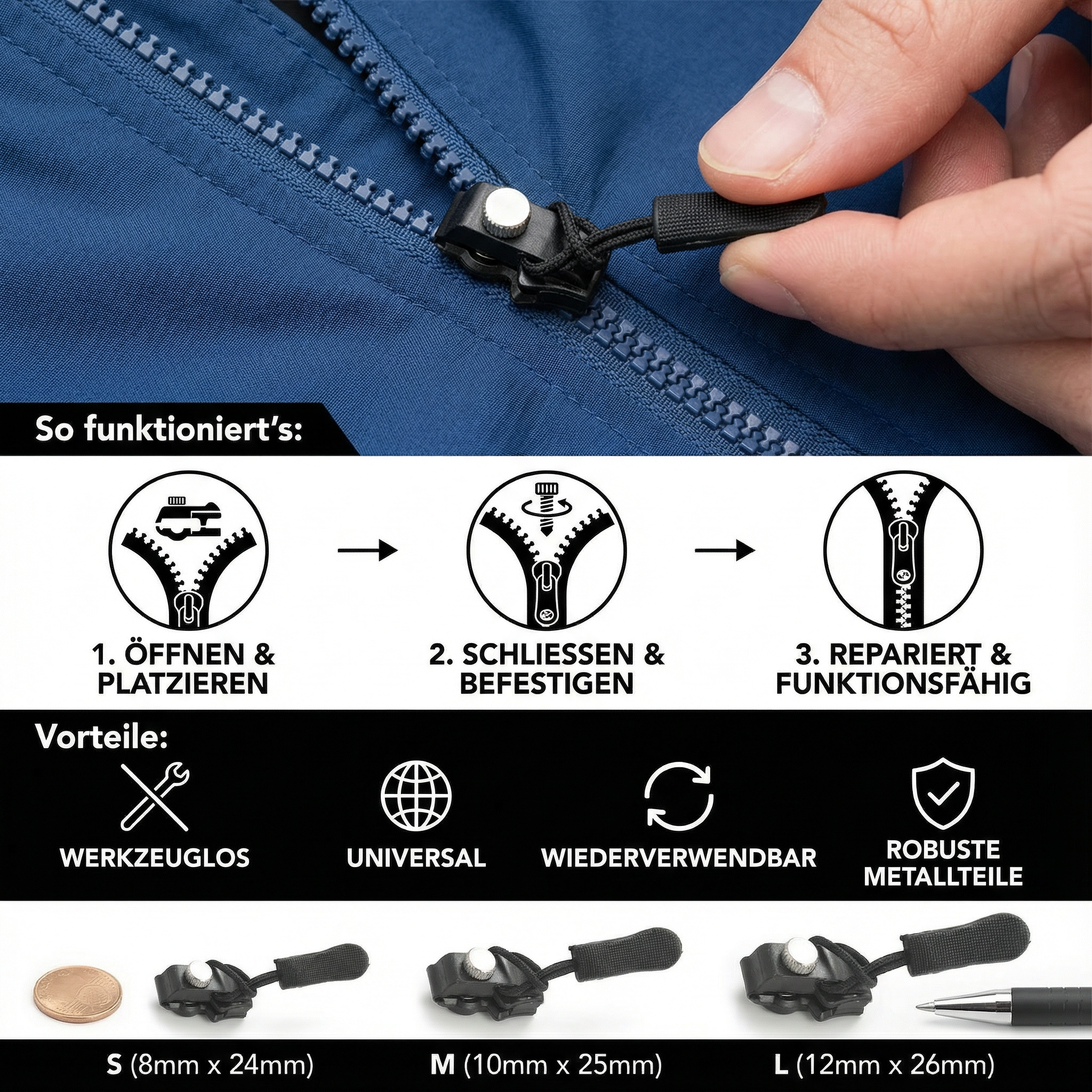 Zipper repair set, pack of 6