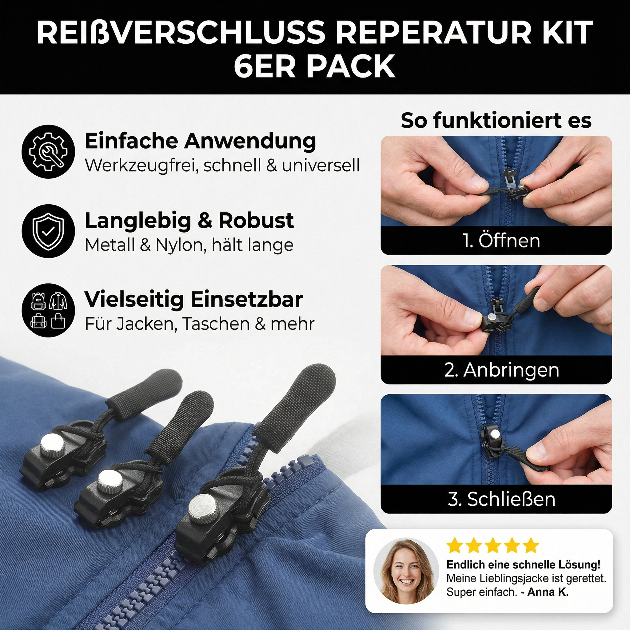 Zipper repair set, pack of 6
