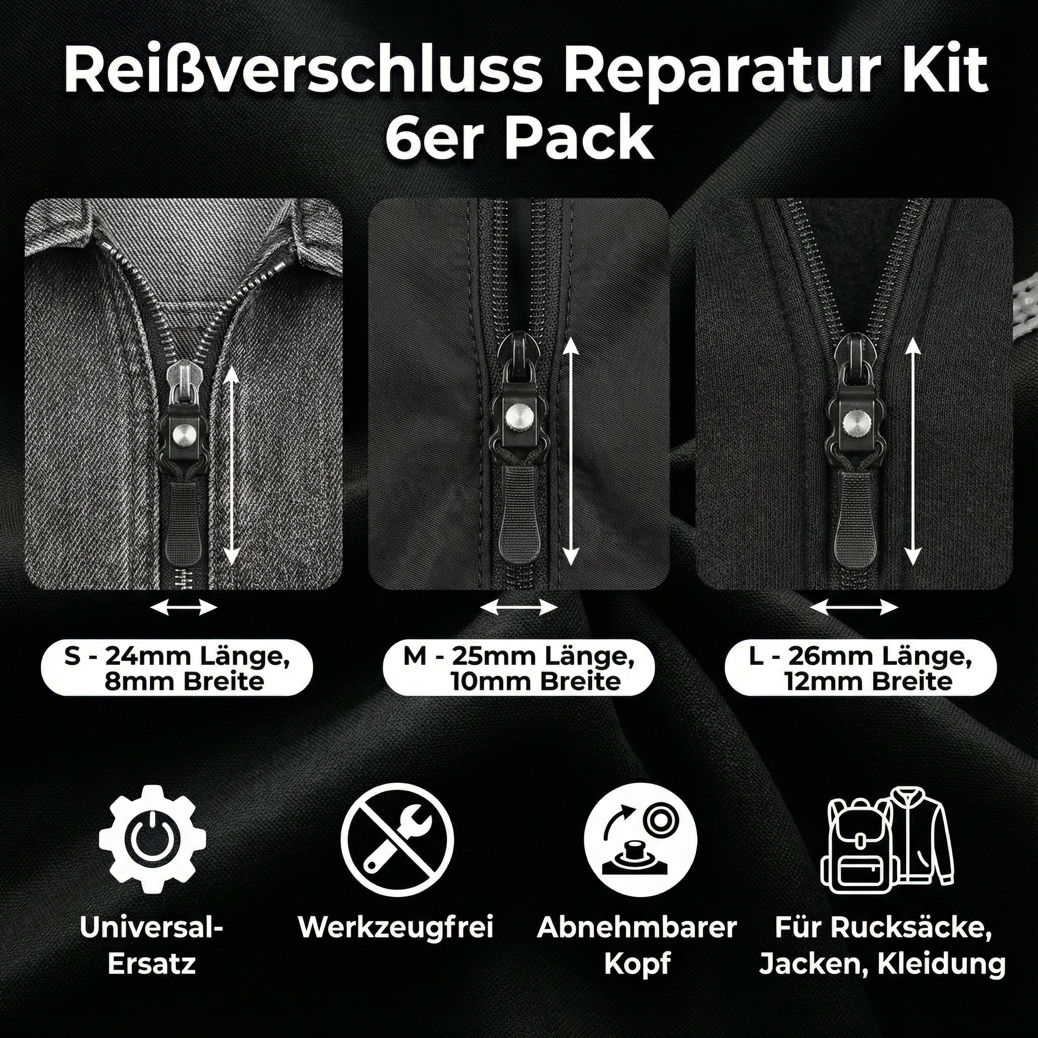 Zipper repair set, pack of 6