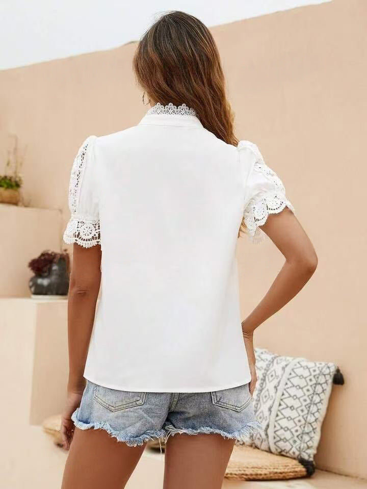 Charlotte White blouse with lace details and pearl buttons